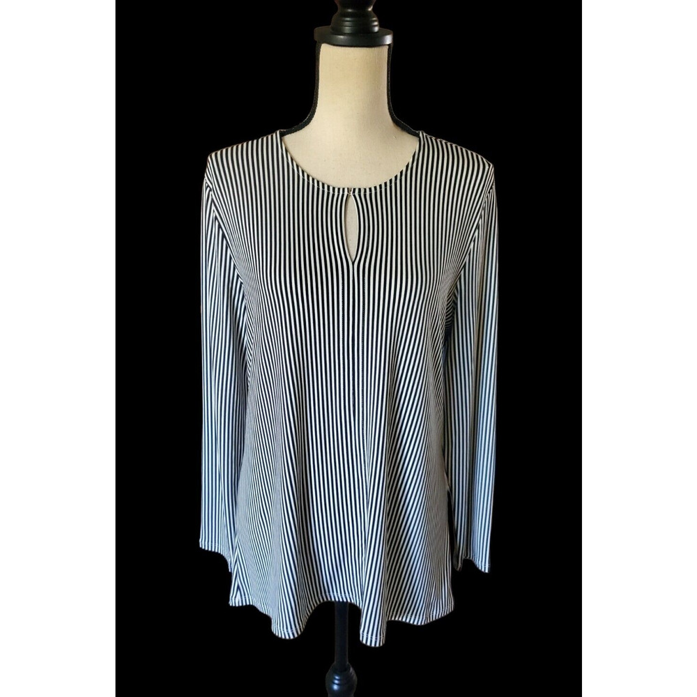 T Tahari Black & White Striped Polyester Stretch Knit Keyhole Long Tunic Top M